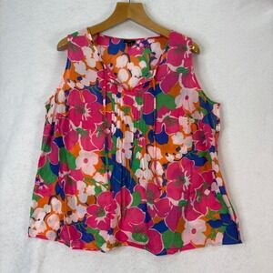 Talbots‎ Women's Sz 2X Bright Floral Print Sleeveless Pleated V Neck Cotton Top